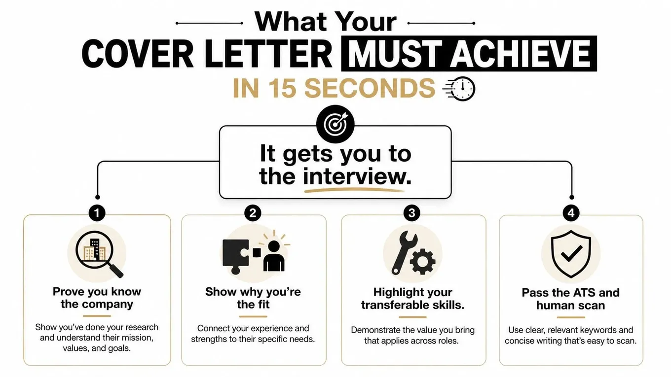 An infographic showing four key steps for writing an effective and impactful cover letter in 15 seconds.