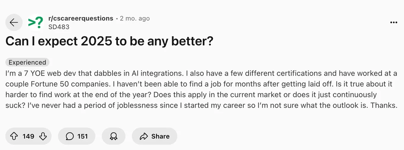 Screenshot of a Reddit post discussing software engineering job market challenges in 2025, with voting and comment metrics.