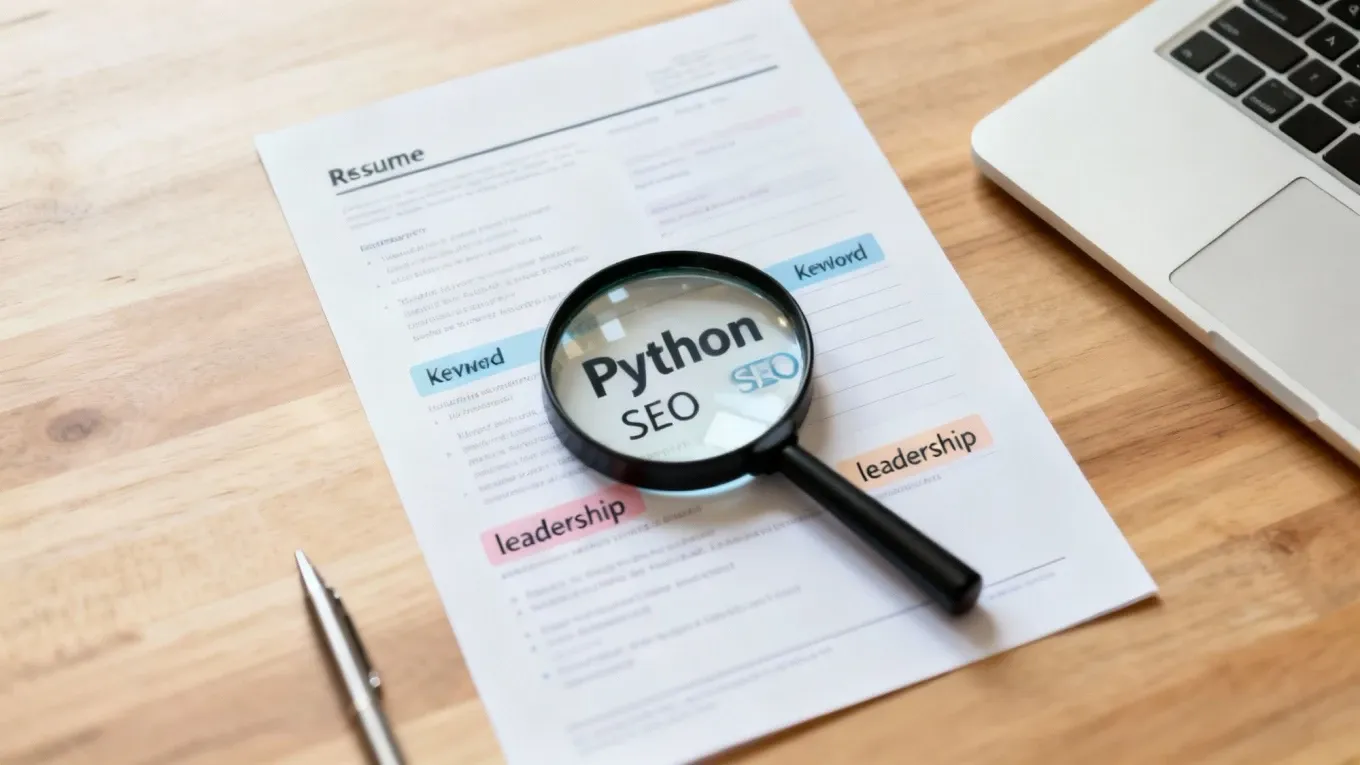 A magnifying glass highlighting keywords on a resume.