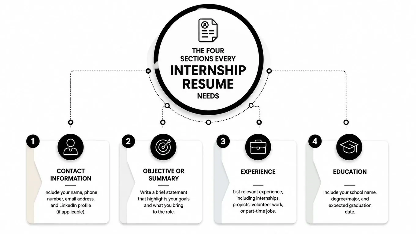 A diagram outlining the four essential sections for an internship resume: contact info, objective, experience, and education.