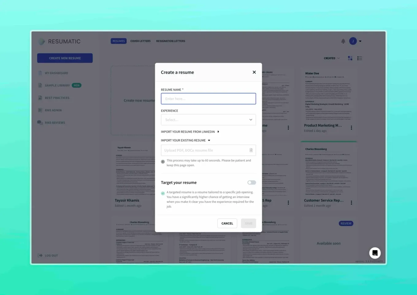 create new resume screen