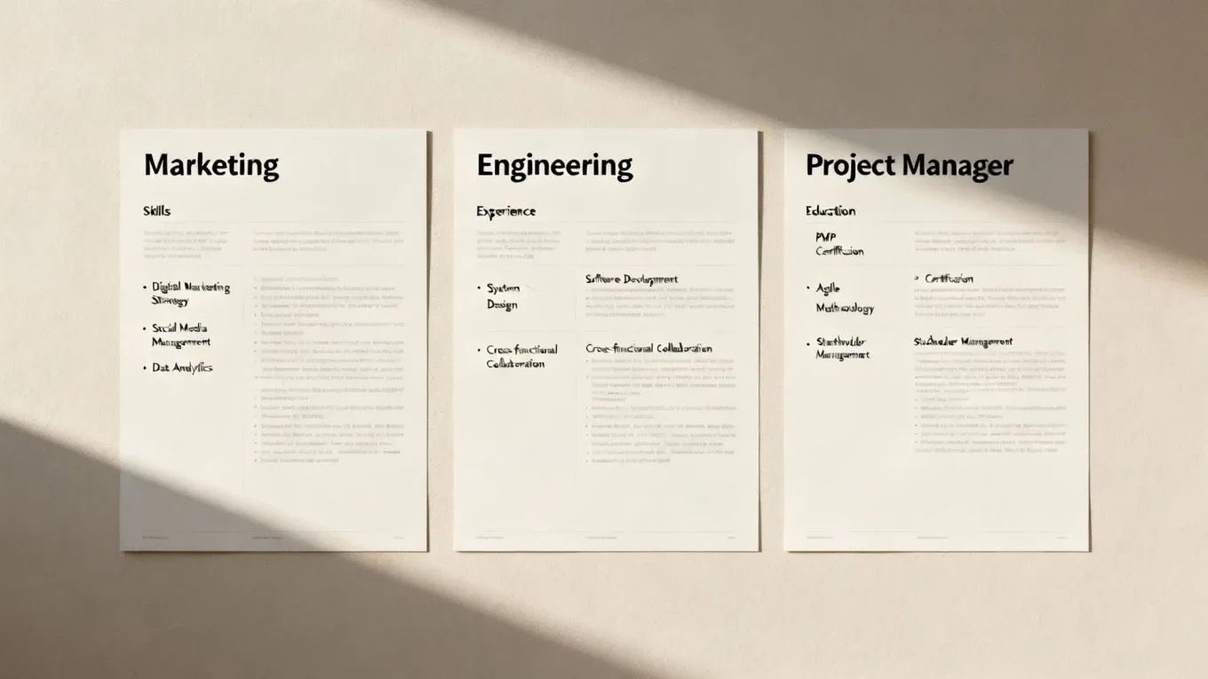 Three professional resume pages displaying marketing skills, engineering experience, and project manager education sections