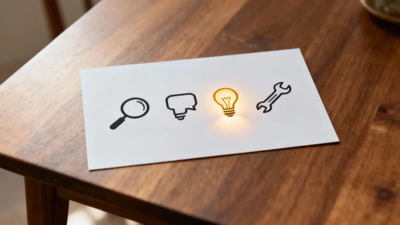 Four icons on white paper illustrate the problem-solving process: search, thought, idea, and solution.
