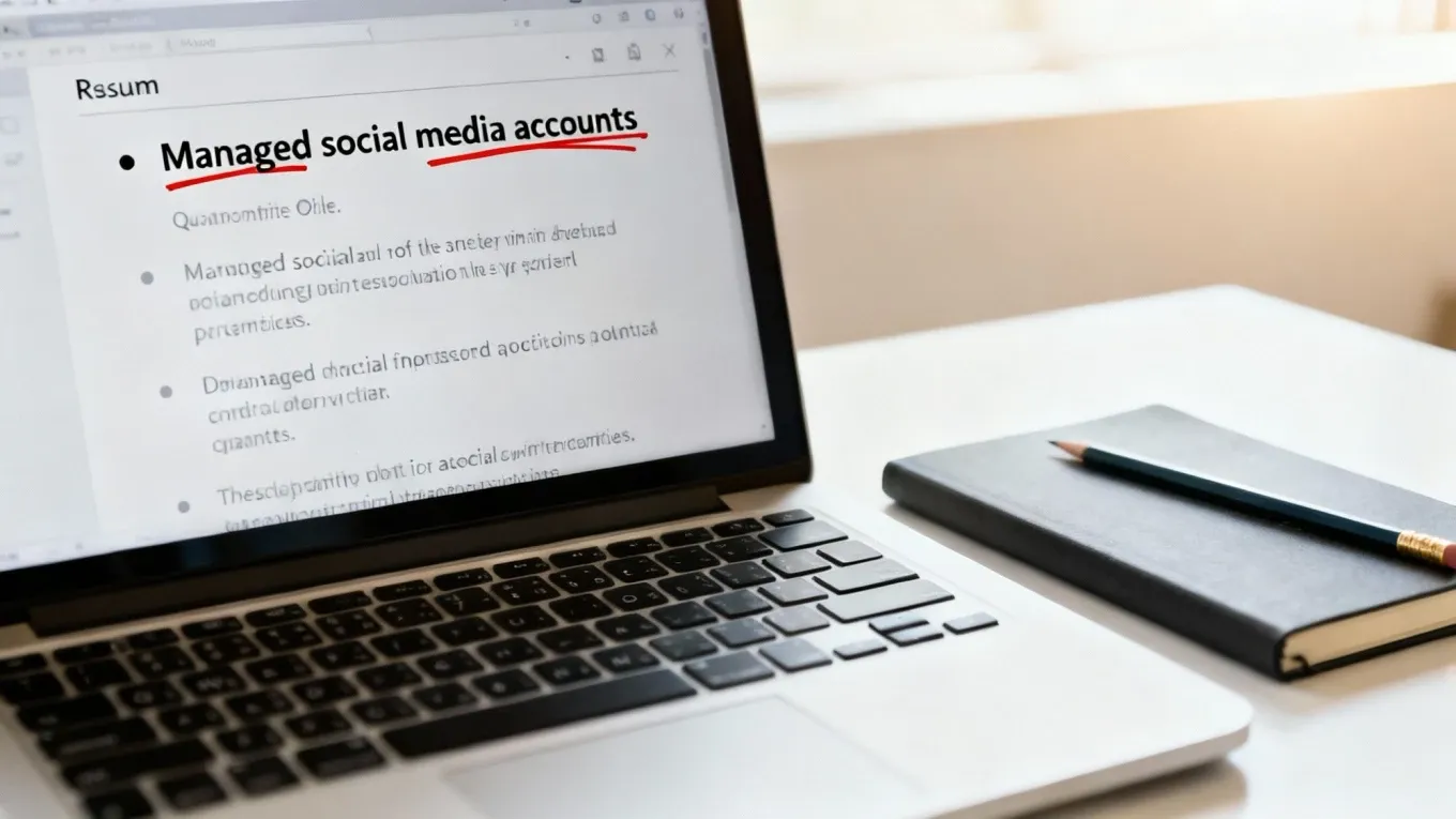 A laptop displays a resume highlighting 'Managed social media accounts,' with a notebook and pencil on a desk.