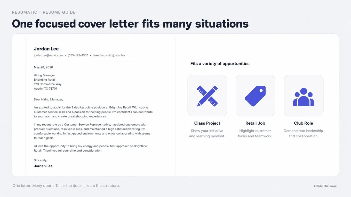 A professional guide illustrating how a single adaptable cover letter template can be used for various opportunities.