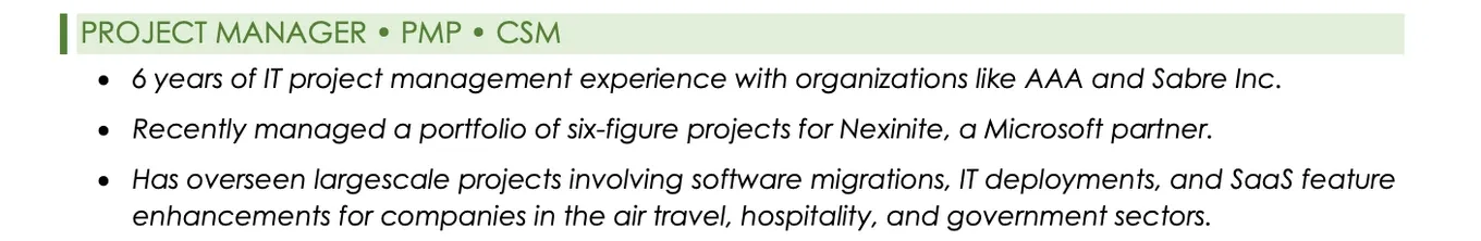 Example Project Manager and PMP Summary