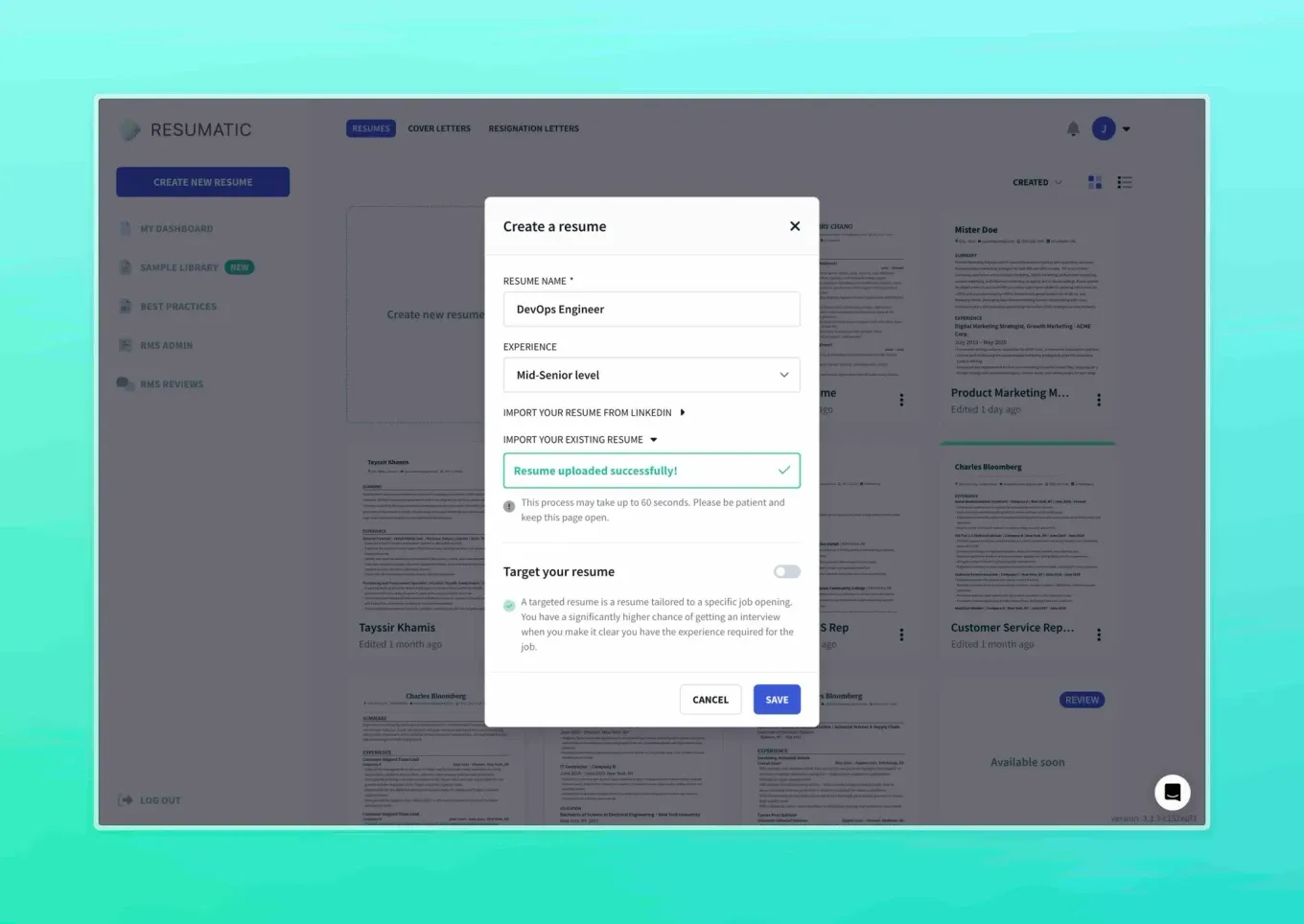 resume upload screen