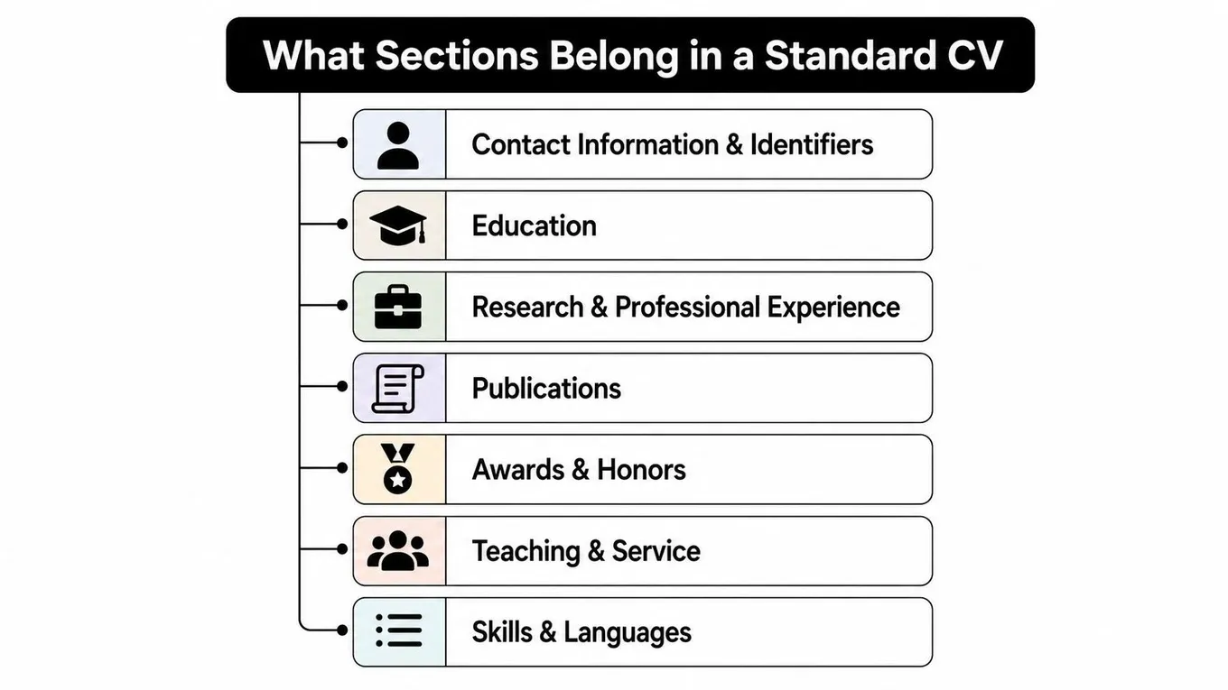 A list graphic titled What Sections Belong in a Standard CV, detailing essential professional document categories.