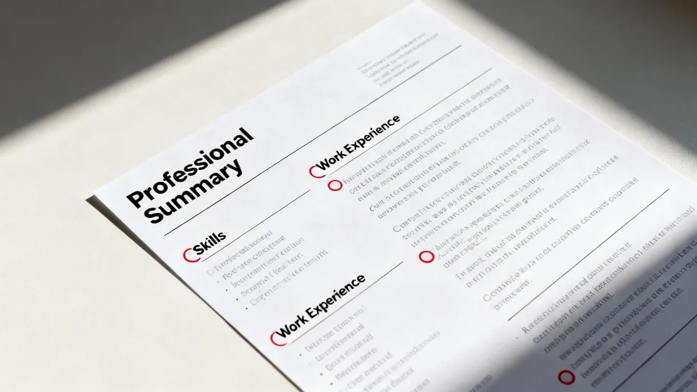A close-up of a resume document showing sections like Professional Summary, Skills, and Work Experience.