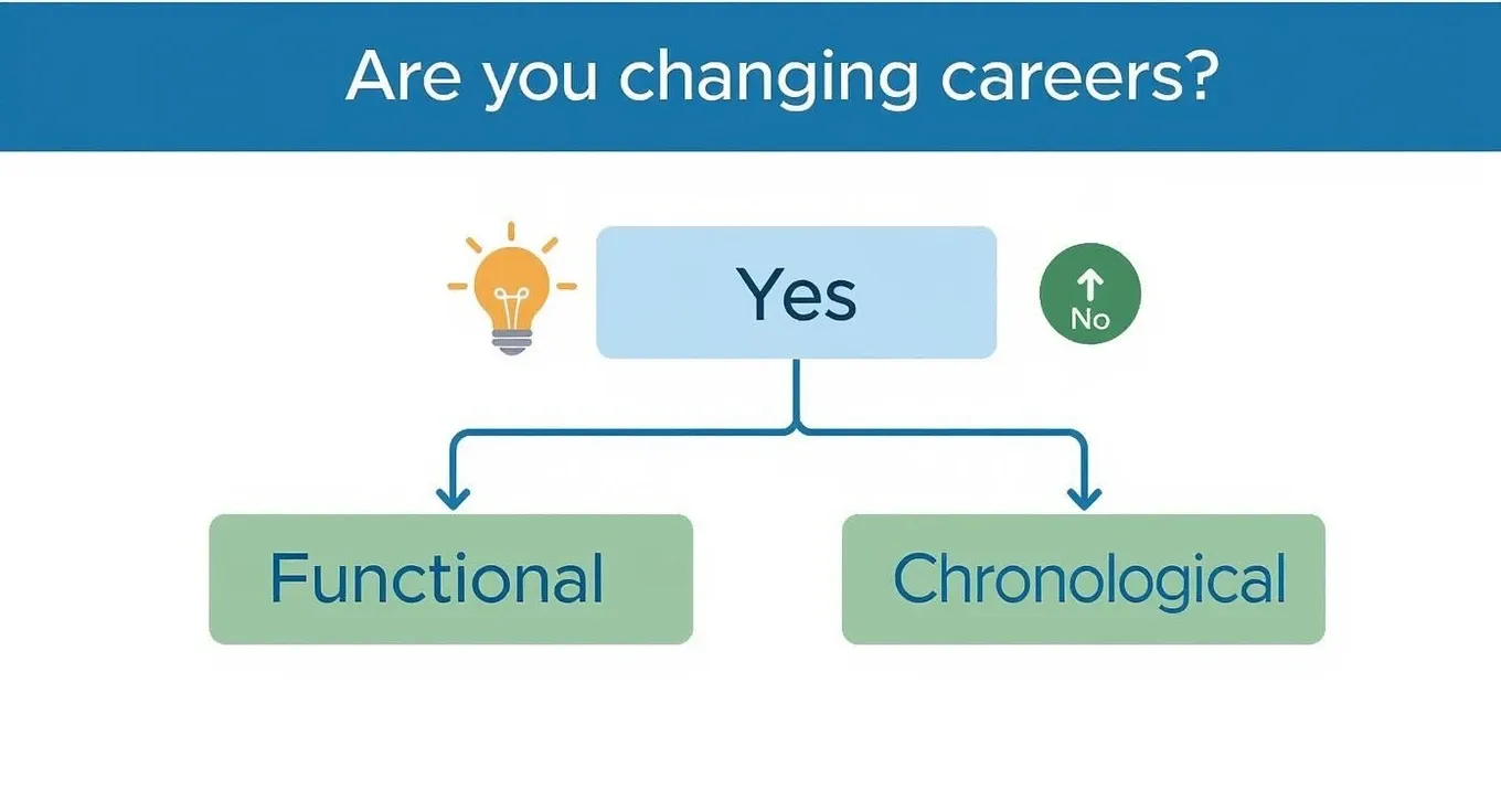 Infographic decision tree asking 'Are you changing careers?' and pointing to Functional for 'Yes' and Chronological for 'No'.