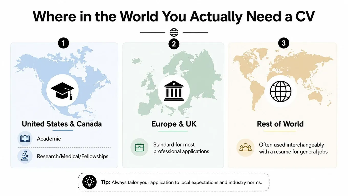 An infographic showing global regions where a curriculum vitae is required for professional or academic applications.