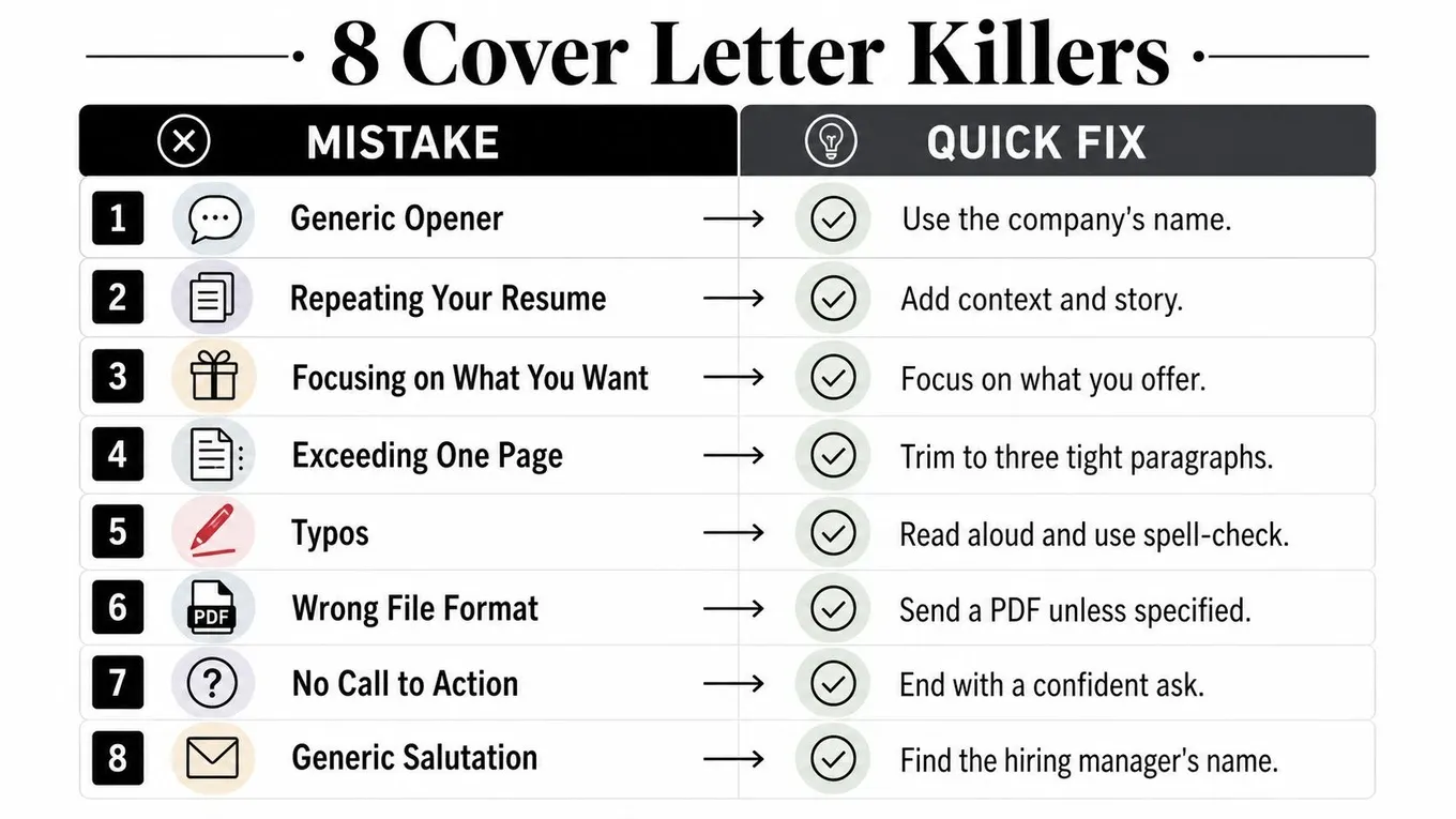 A table titled 8 Cover Letter Killers listing common mistakes and their corresponding quick fixes for job applicants.