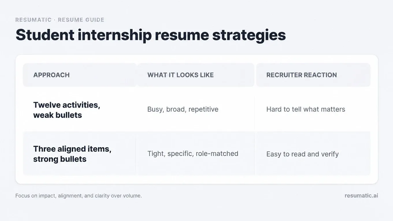 A clean infographic showing a three-column comparison table for student internship resume strategies. Header row labels 