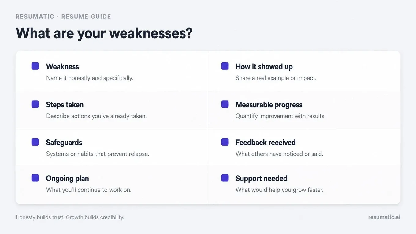 A guide listing eight essential steps for answering the common interview question about your professional weaknesses.