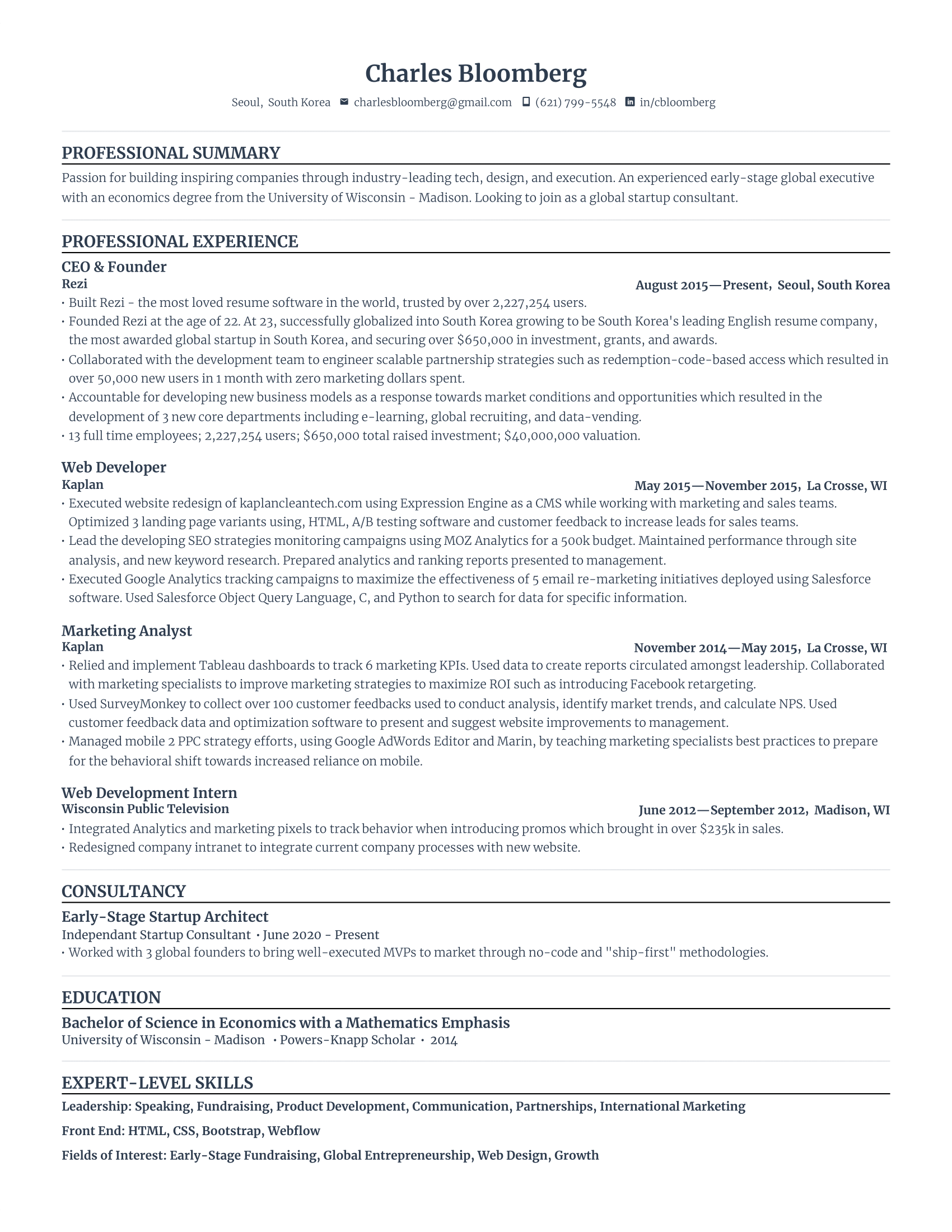 A tailored resume in the Standard template